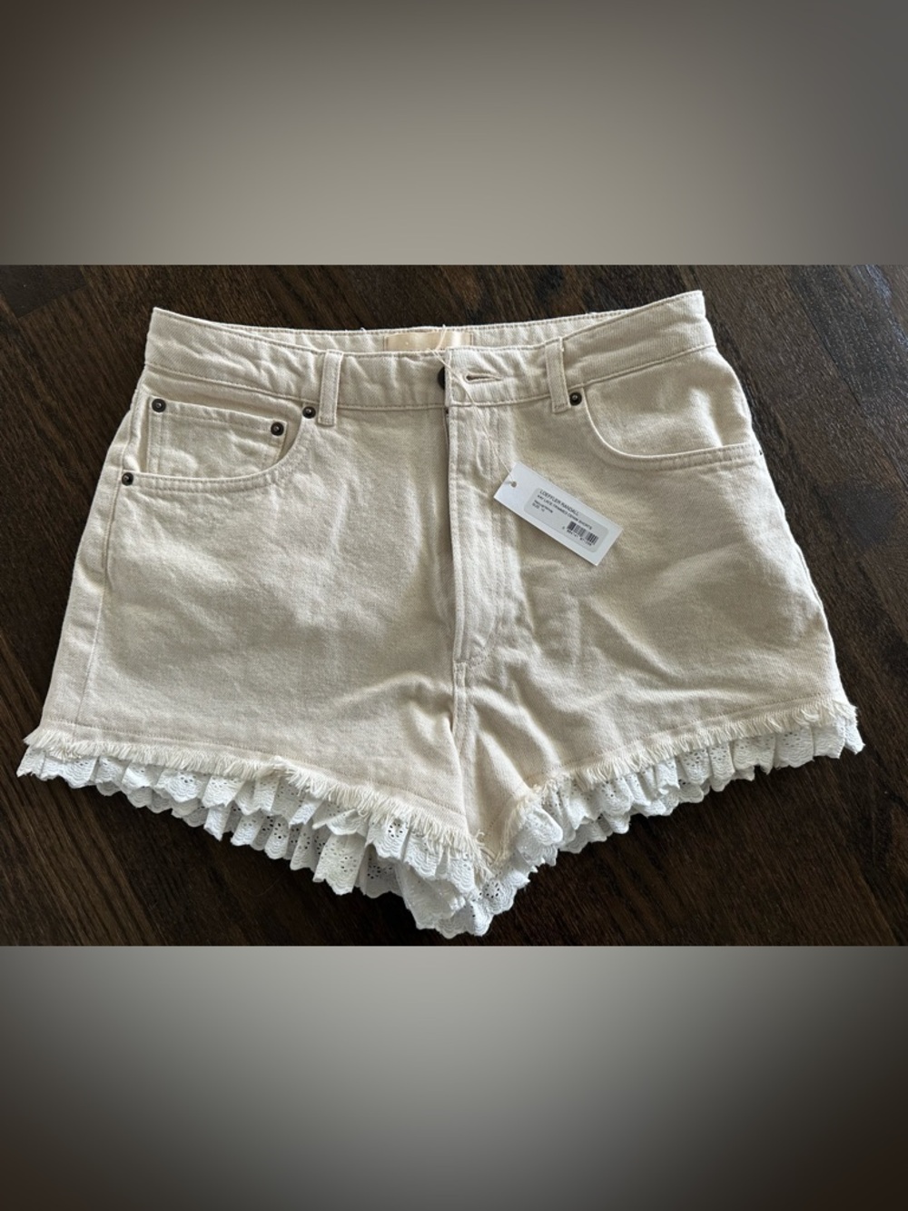 Loeffler Randall Kay Lace-Trimmed Denim Shorts Size 10